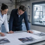 Deux personnes examinent un plan et des photographies dans un laboratoire, devant une baie vitrée donnant sur un autre espace de laboratoire