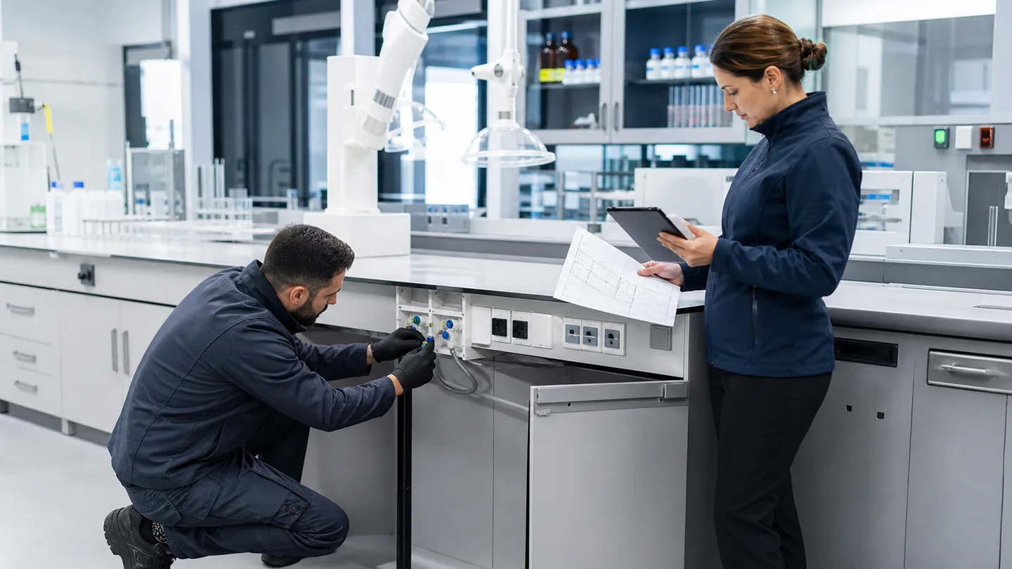 Illustration d'une intervention de raccordement sur du mobilier de laboratoire
