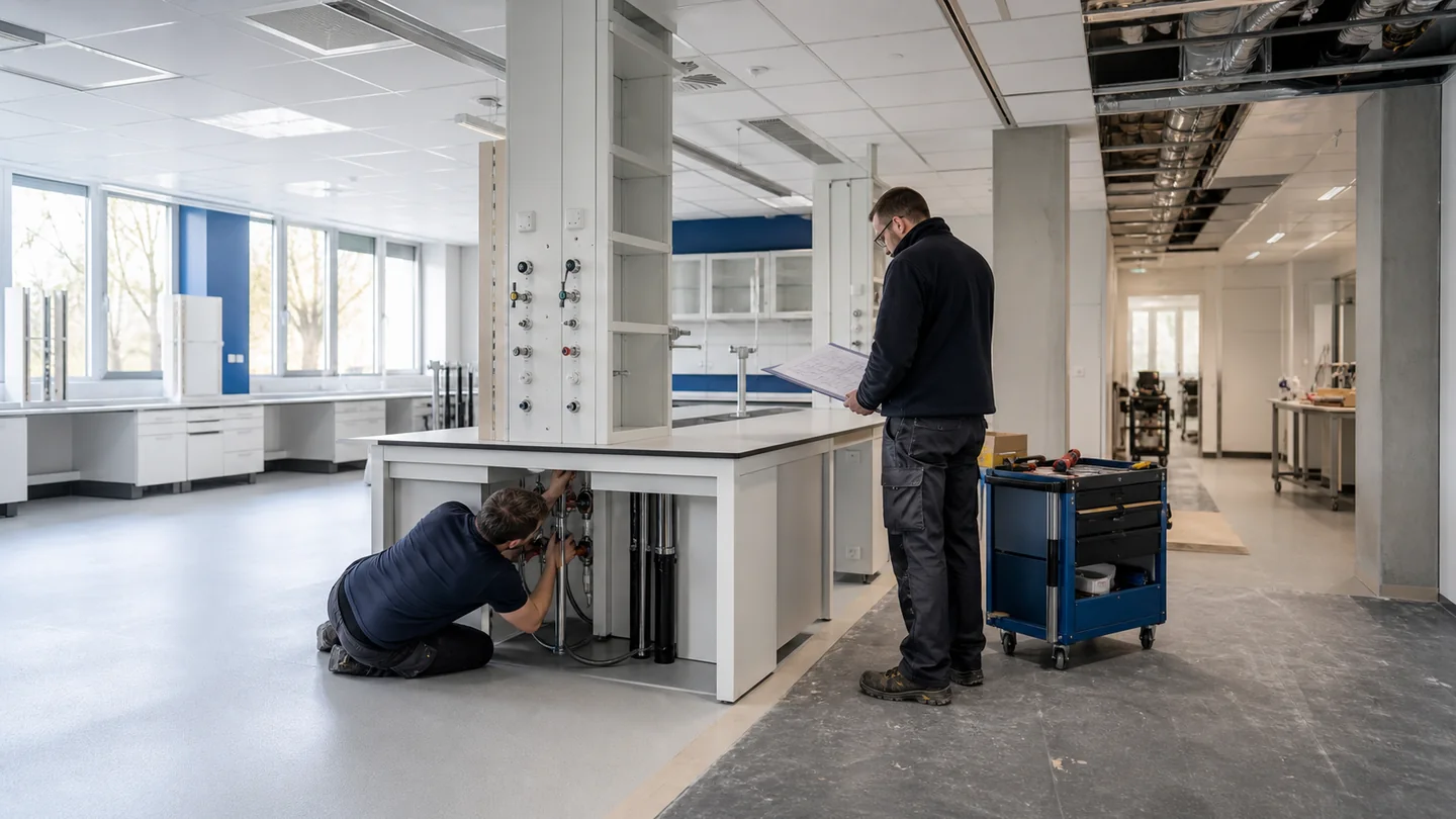 Deux techniciens installent et contrôlent les raccordements d’une paillasse dans un laboratoire en rénovation